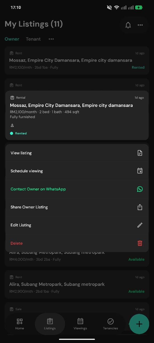 Renvo listings screen