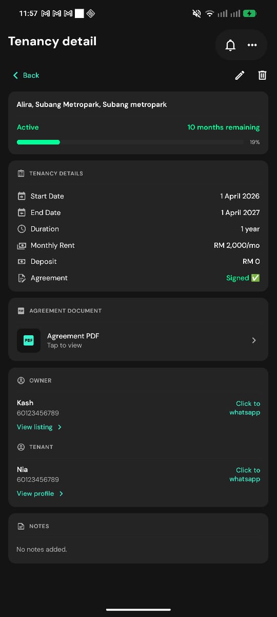 Renvo tenancy detail screen